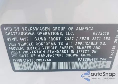 2018 Volkswagen Passat 2.0T Se from USA, damaged, VIN 1VWBA7A35JC031748